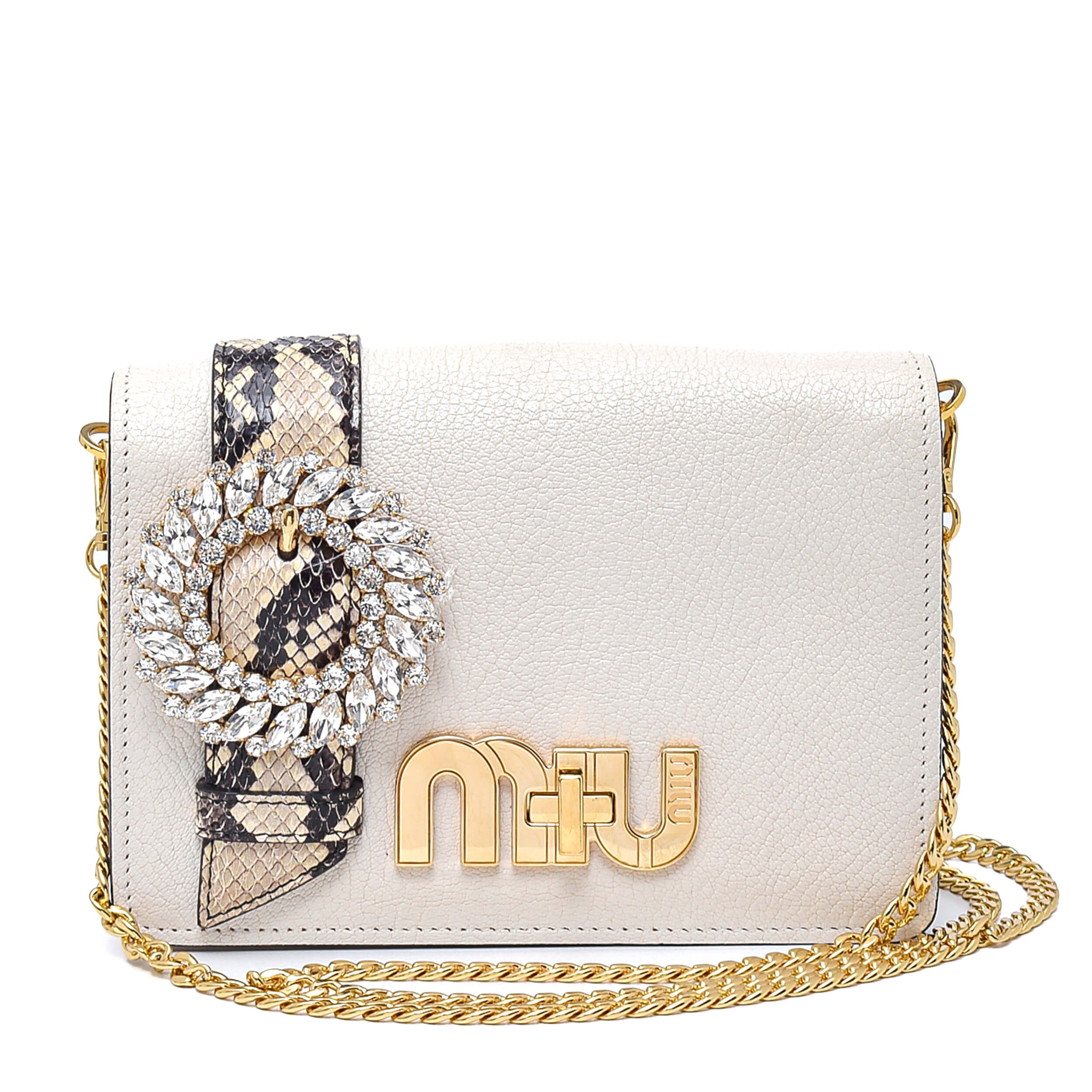 Miu Miu - White Leather Exotic And Crystal Detail Crossbody Bag